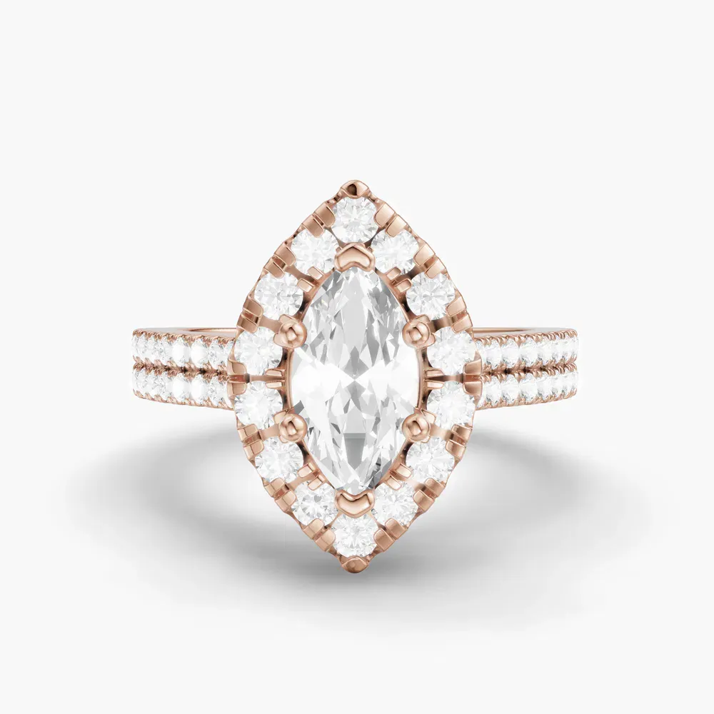 Certified 1 carat Lab Grown Diamond Marquise Cut Pavé, Halo, Cathedral Engagement Ring in 14K Rose Gold-Maelis