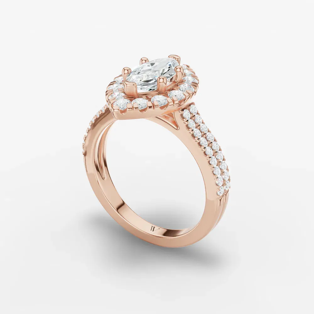Certified 1 carat Lab Grown Diamond Marquise Cut Pavé, Halo, Cathedral Engagement Ring in 14K Rose Gold-Maelis