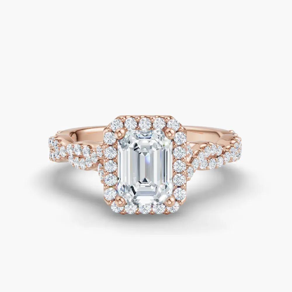 Certified 1 carat Lab Grown Diamond Emerald Cut Halo, Pavé, Twist Engagement Ring in 14K Rose Gold-Meraki