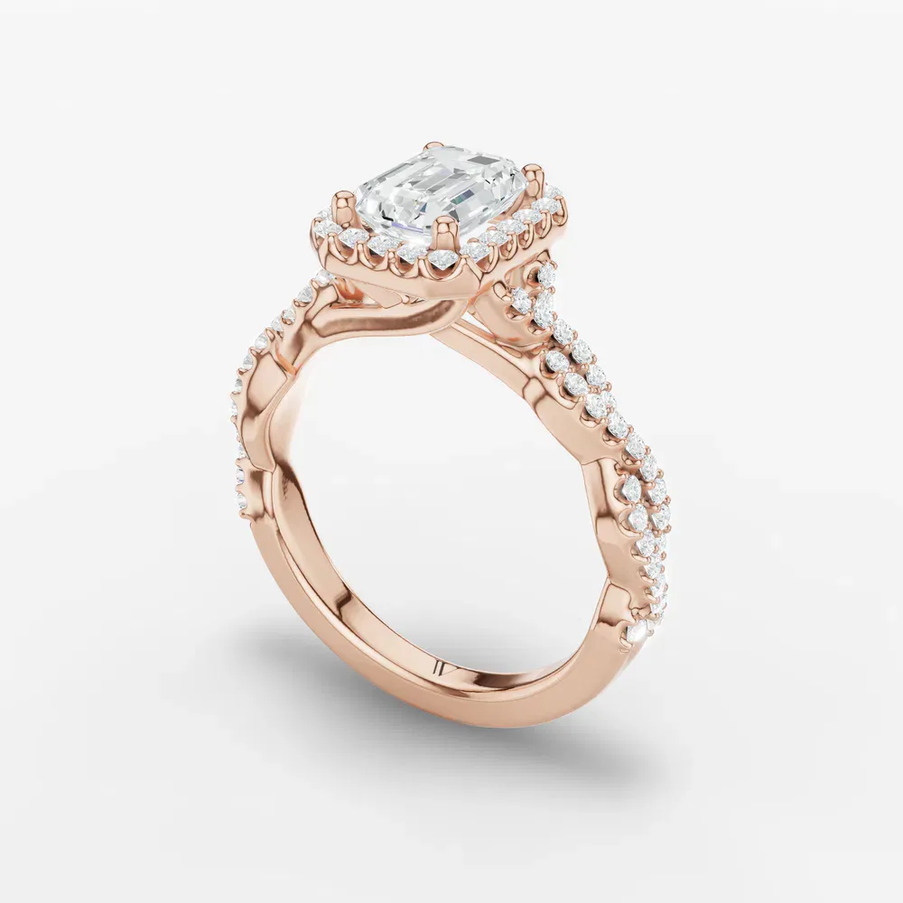 Certified 1 carat Lab Grown Diamond Emerald Cut Halo, Pavé, Twist Engagement Ring in 14K Rose Gold-Meraki