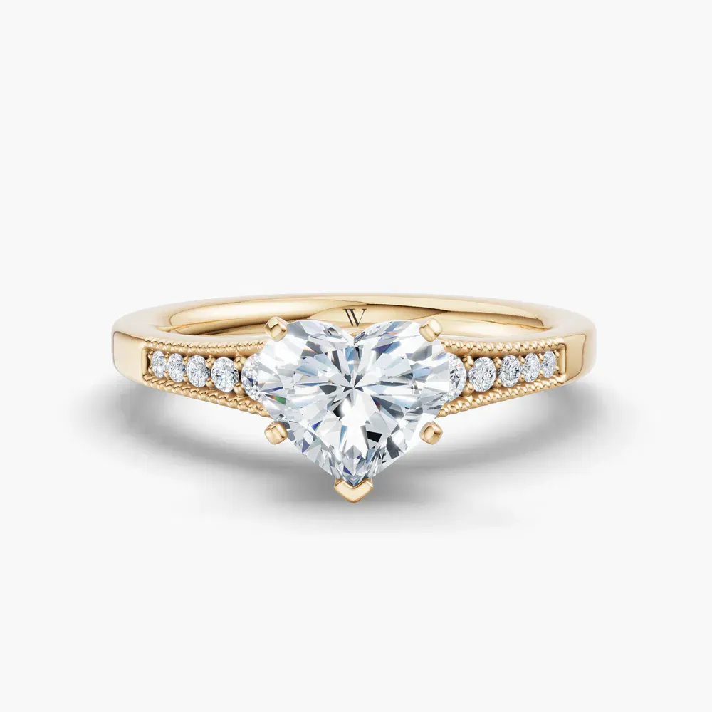 Certified 1 carat Lab Grown Diamond Heart Cut Milgrain, Pavé, Side Stone Engagement Ring in 14K Yellow Gold-Rosca