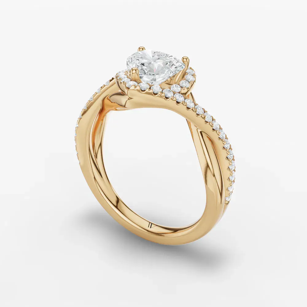 Certified 1 carat Lab Grown Diamond Heart Cut Halo, Pavé, Twist Engagement Ring in 14K Yellow Gold-Dell