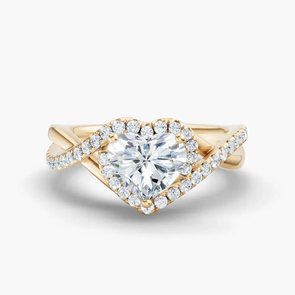 Certified 1 carat Lab Grown Diamond Heart Cut Halo, Pavé, Twist Engagement Ring in 14K Yellow Gold-Dell