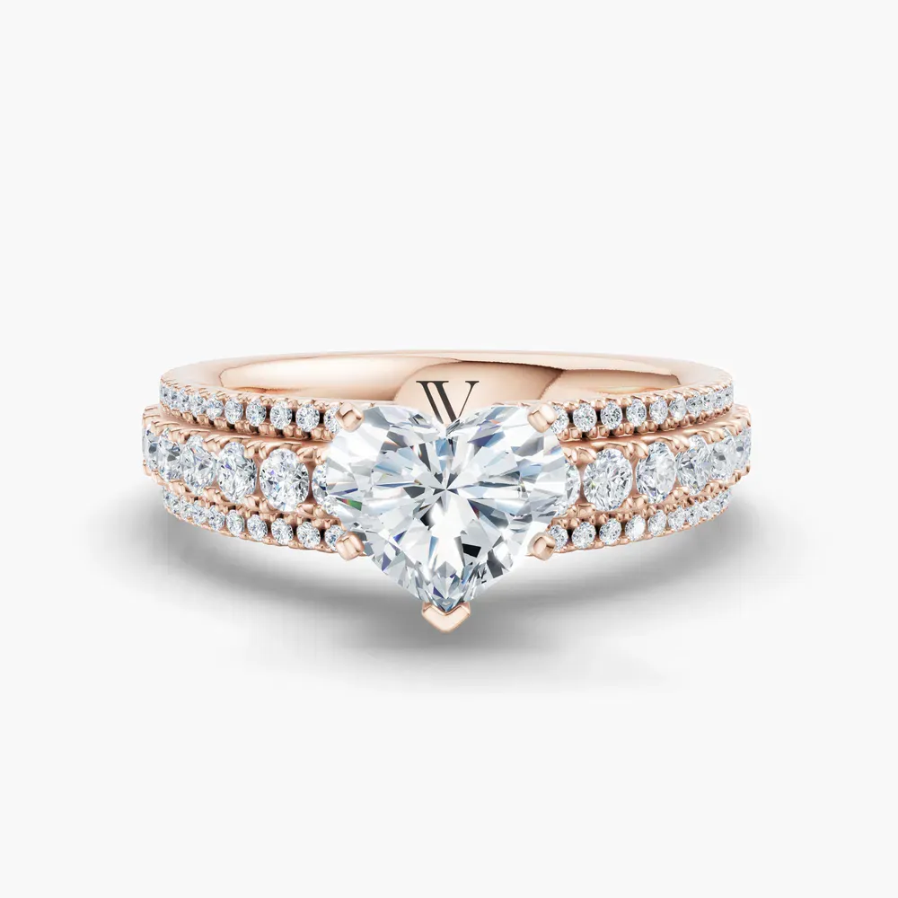 Certified 1 carat Lab Grown Diamond Heart Cut Pavé Engagement Ring in 14K Rose Gold-Riven
