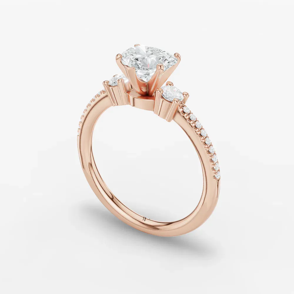 Certified 1 carat Lab Grown Diamond Heart Cut Three Stone, Pavé, Side Stone Engagement Ring in 14K Rose Gold-Vynix