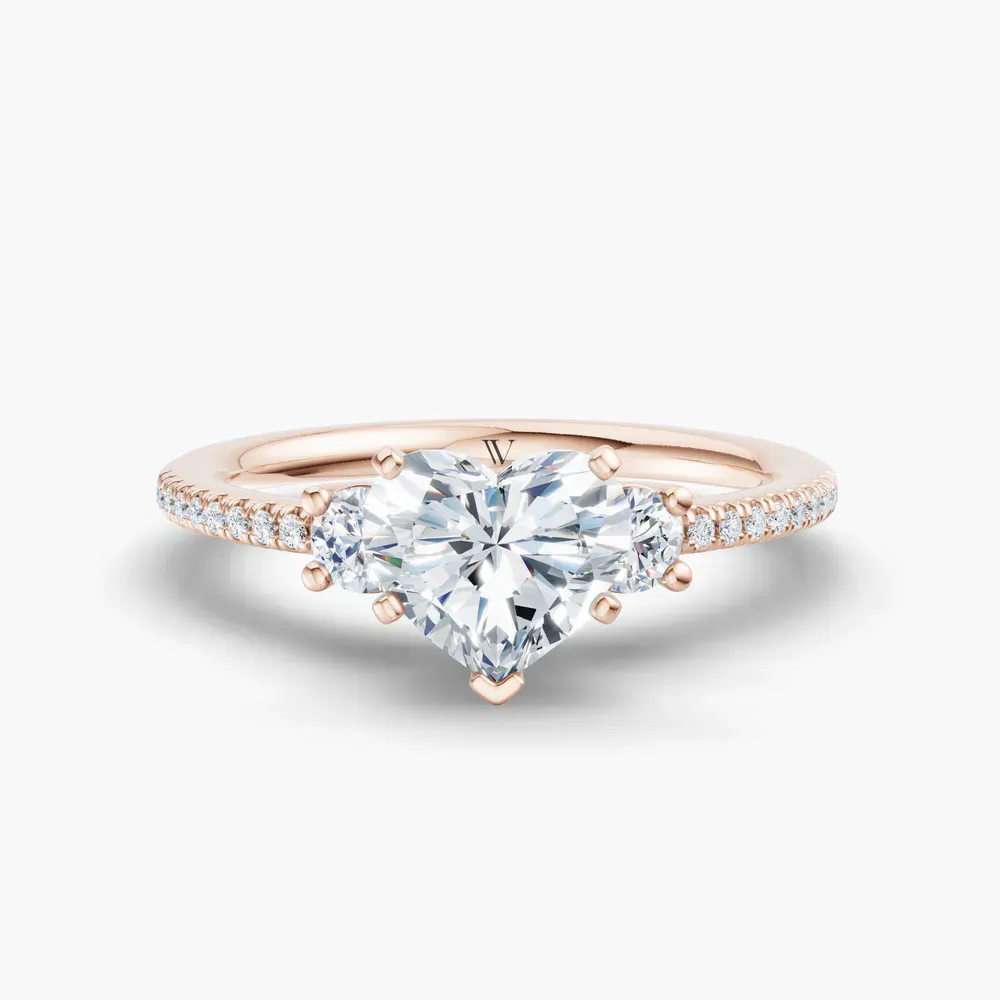 Certified 1 carat Lab Grown Diamond Heart Cut Three Stone, Pavé, Side Stone Engagement Ring in 14K Rose Gold-Vynix