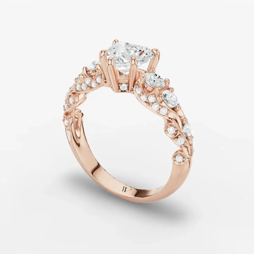 Certified 1 carat Lab Grown Diamond Heart Cut Hidden Halo, Unique, Side Stone Engagement Ring in 14K Rose Gold-Marinia