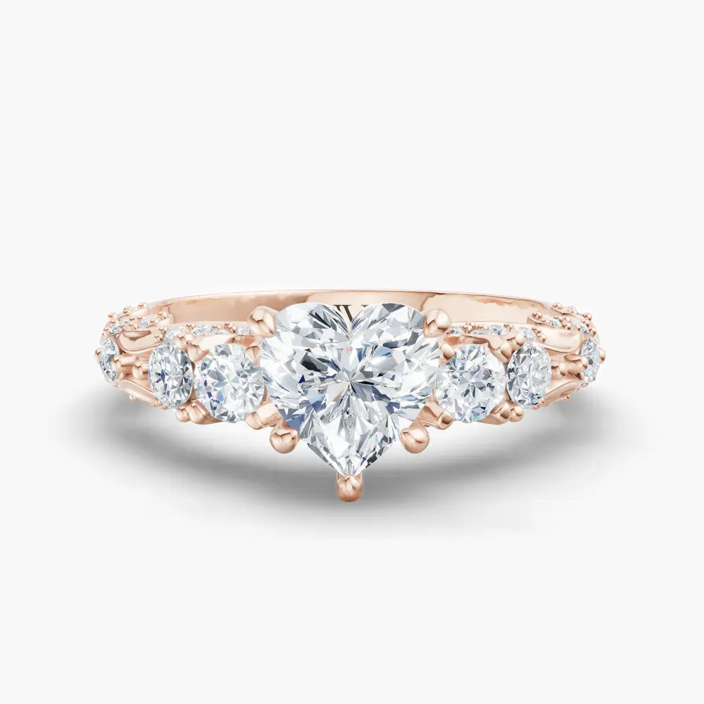 Certified 1 carat Lab Grown Diamond Heart Cut Hidden Halo, Unique, Side Stone Engagement Ring in 14K Rose Gold-Marinia