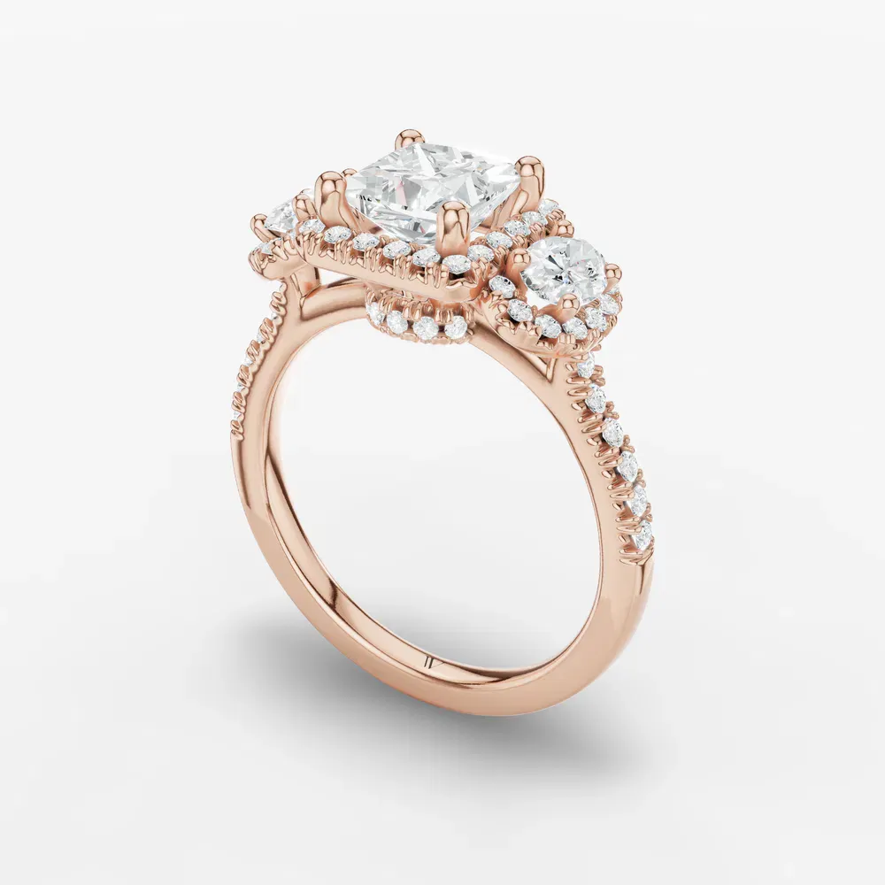 Certified 1 carat Lab Grown Diamond Princess Cut Pavé, Three Stone, Halo Engagement Ring in 14K Rose Gold-Norell