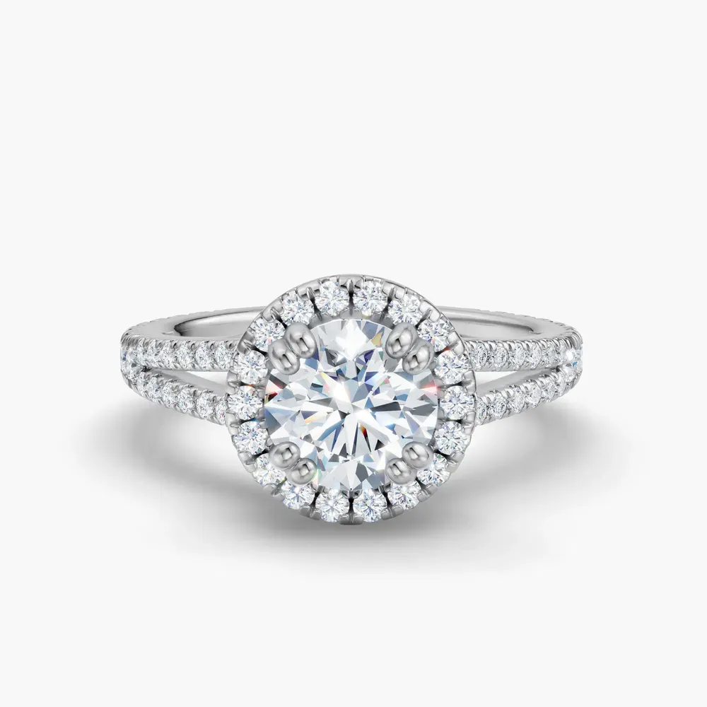 Certified 1 carat Lab Grown Diamond Round Cut Pavé, Halo, Cathedral Engagement Ring in 14K White Gold-Gexis