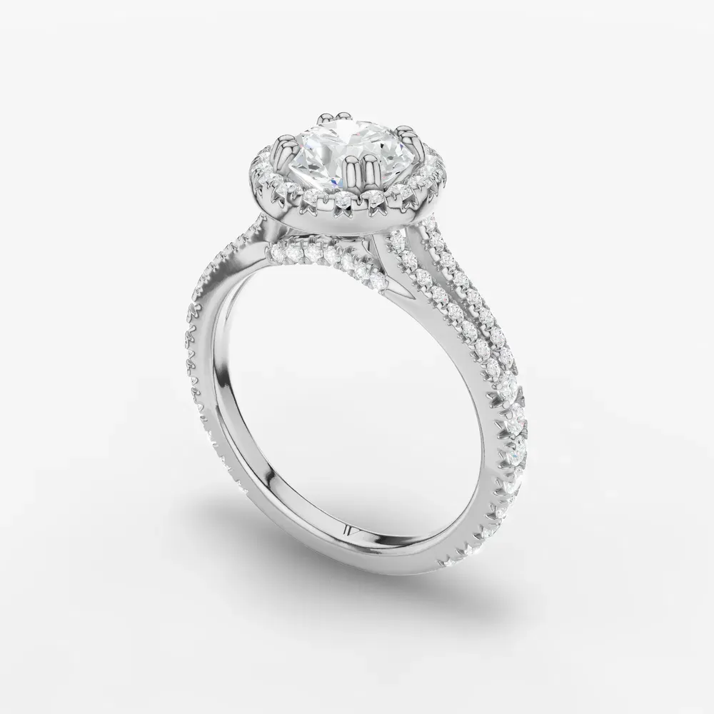 Certified 1 carat Lab Grown Diamond Round Cut Pavé, Halo, Cathedral Engagement Ring in 14K White Gold-Gexis