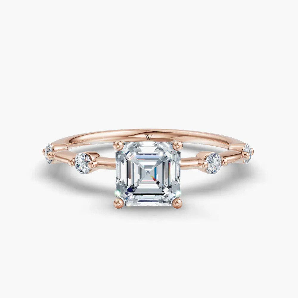 Certified 1 carat Lab Grown Diamond Asscher Cut Low profile, Side Stone Engagement Ring in 14K Rose Gold-Hriw