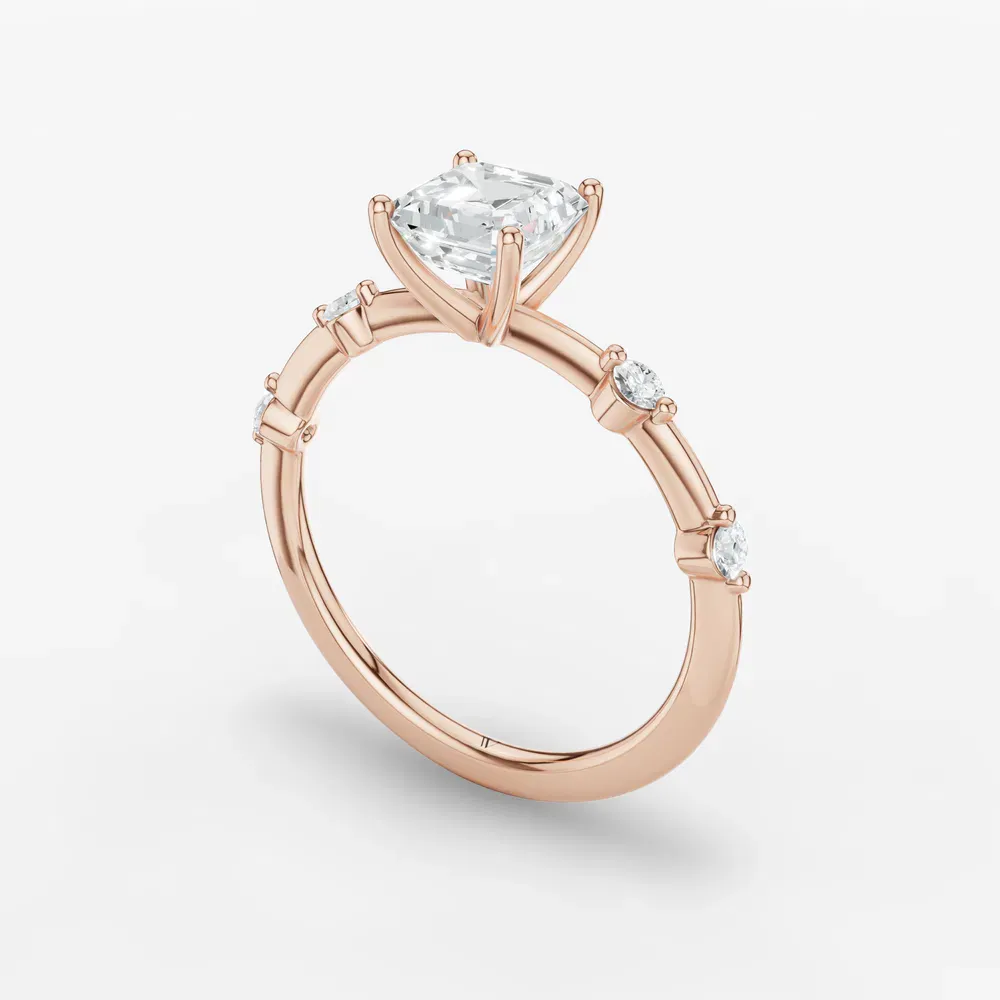 Certified 1 carat Lab Grown Diamond Asscher Cut Low profile, Side Stone Engagement Ring in 14K Rose Gold-Hriw