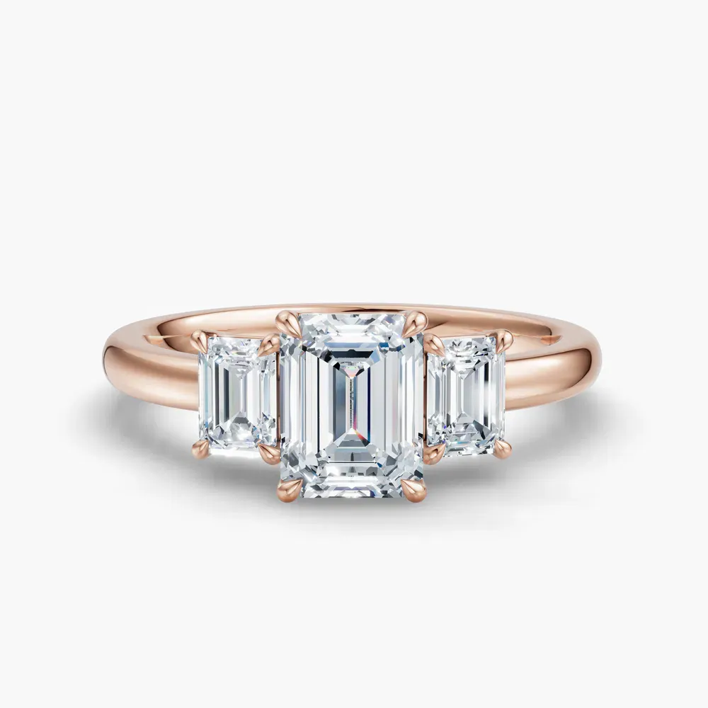 Certified 1 carat Lab Grown Diamond Emerald Cut Three Stone, Side Stone, Low profile Engagement Ring in 14K Rose Gold-Nectarl
