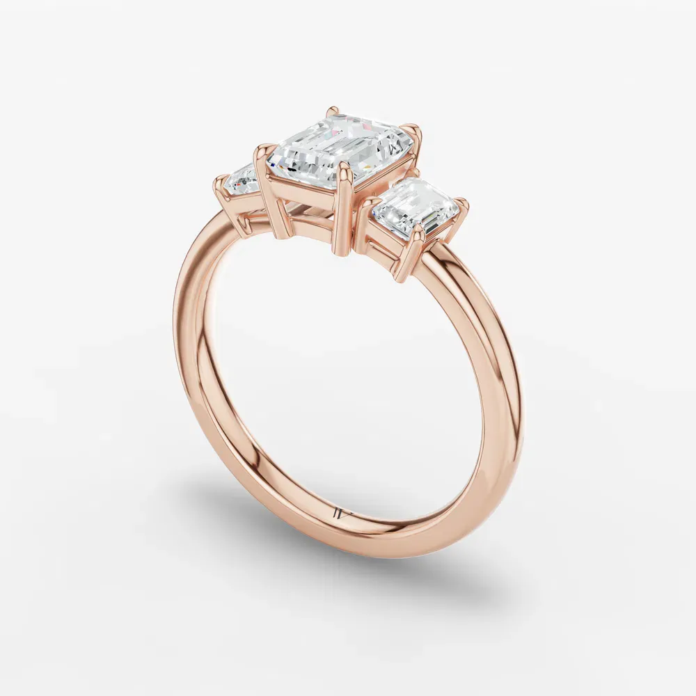 Certified 1 carat Lab Grown Diamond Emerald Cut Three Stone, Side Stone, Low profile Engagement Ring in 14K Rose Gold-Nectarl