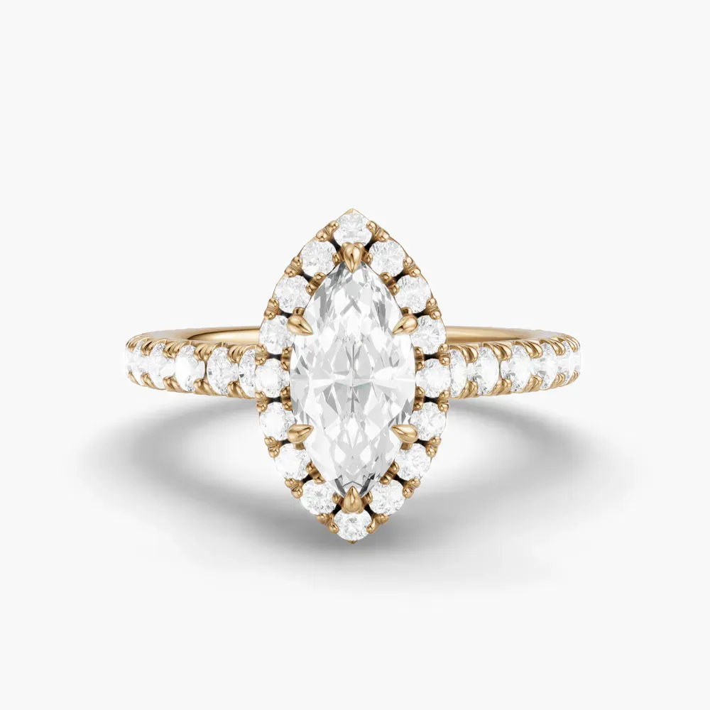 Certified 1 carat Lab Grown Diamond Marquise Cut Cathedral, Pavé, Halo Engagement Ring in 14K Yellow Gold-Zaria