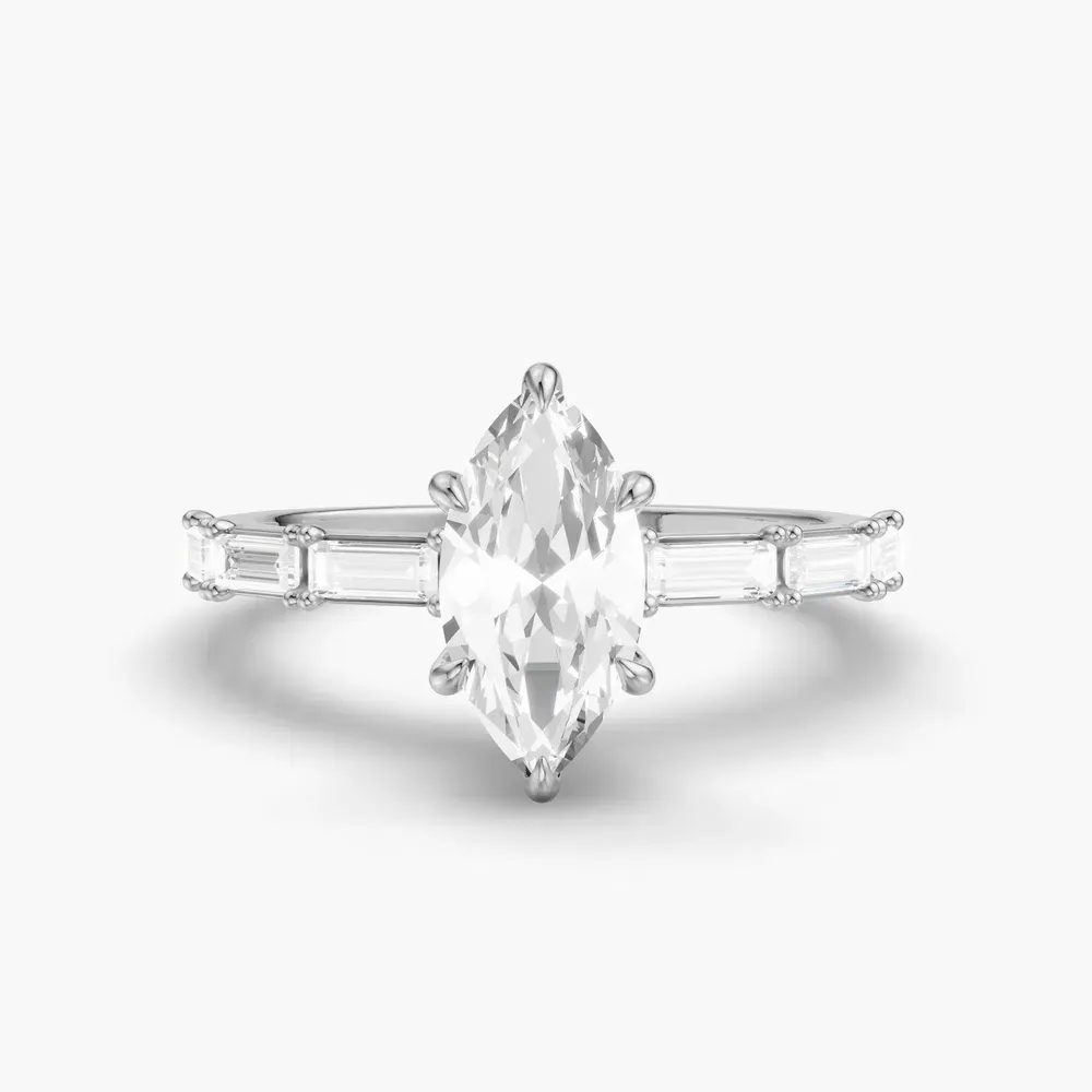 Certified 1 carat Lab Grown Diamond Marquise Cut Baguette, Side Stone Engagement Ring in 14K White Gold-Lunark