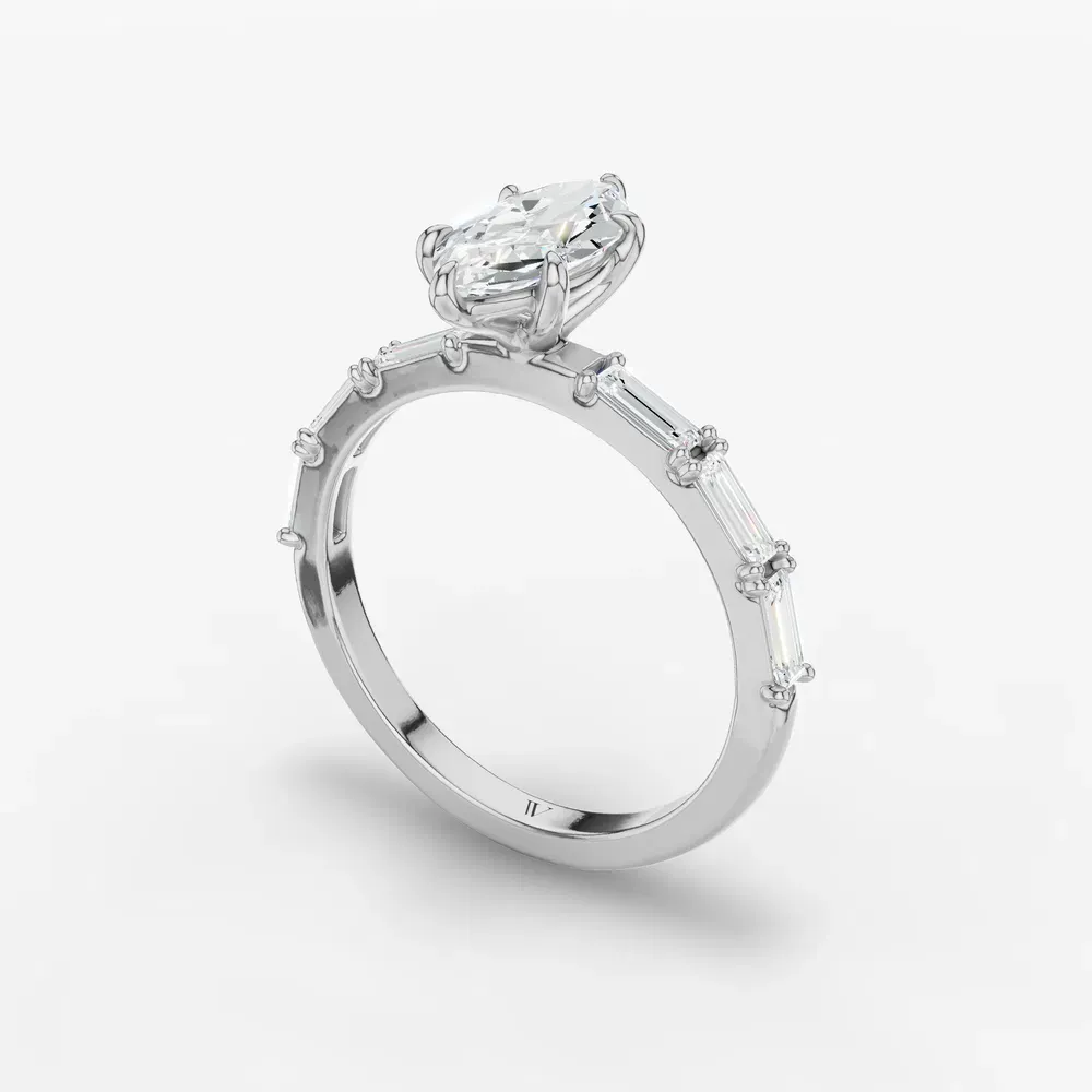 Certified 1 carat Lab Grown Diamond Marquise Cut Baguette, Side Stone Engagement Ring in 14K White Gold-Lunark