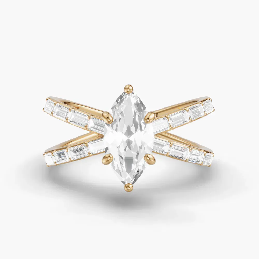 Certified 1 carat Lab Grown Diamond Marquise Cut Baguette, Unique, Split Shank Engagement Ring in 14K Yellow Gold-Luminara