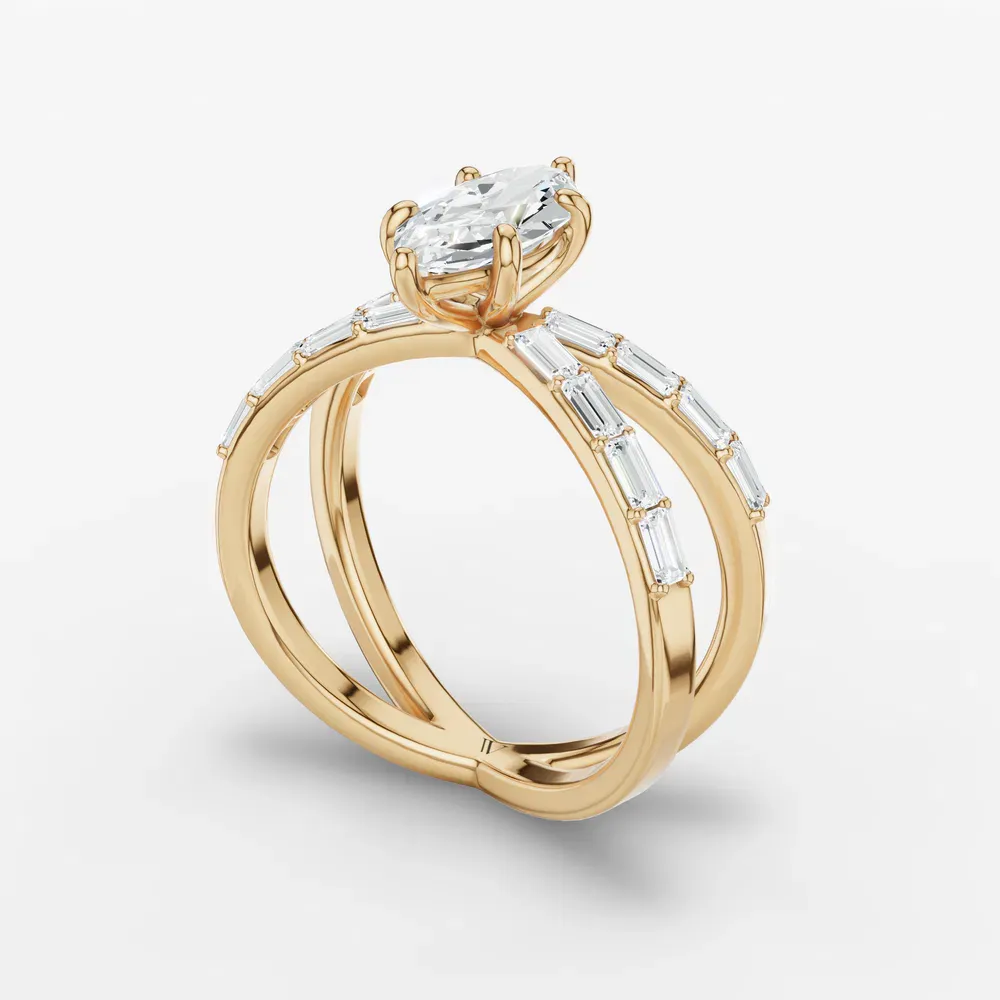 Certified 1 carat Lab Grown Diamond Marquise Cut Baguette, Unique, Split Shank Engagement Ring in 14K Yellow Gold-Luminara
