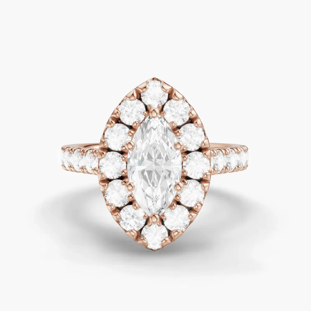 Certified 1 carat Lab Grown Diamond Marquise Cut Halo, Pavé, Cathedral Engagement Ring in 14K Rose Gold-Astrid