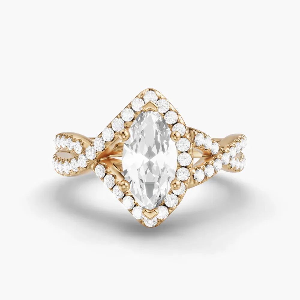 Certified 1 carat Lab Grown Diamond Marquise Cut Unique, Pavé, Halo Engagement Ring in 14K Yellow Gold-Stellune