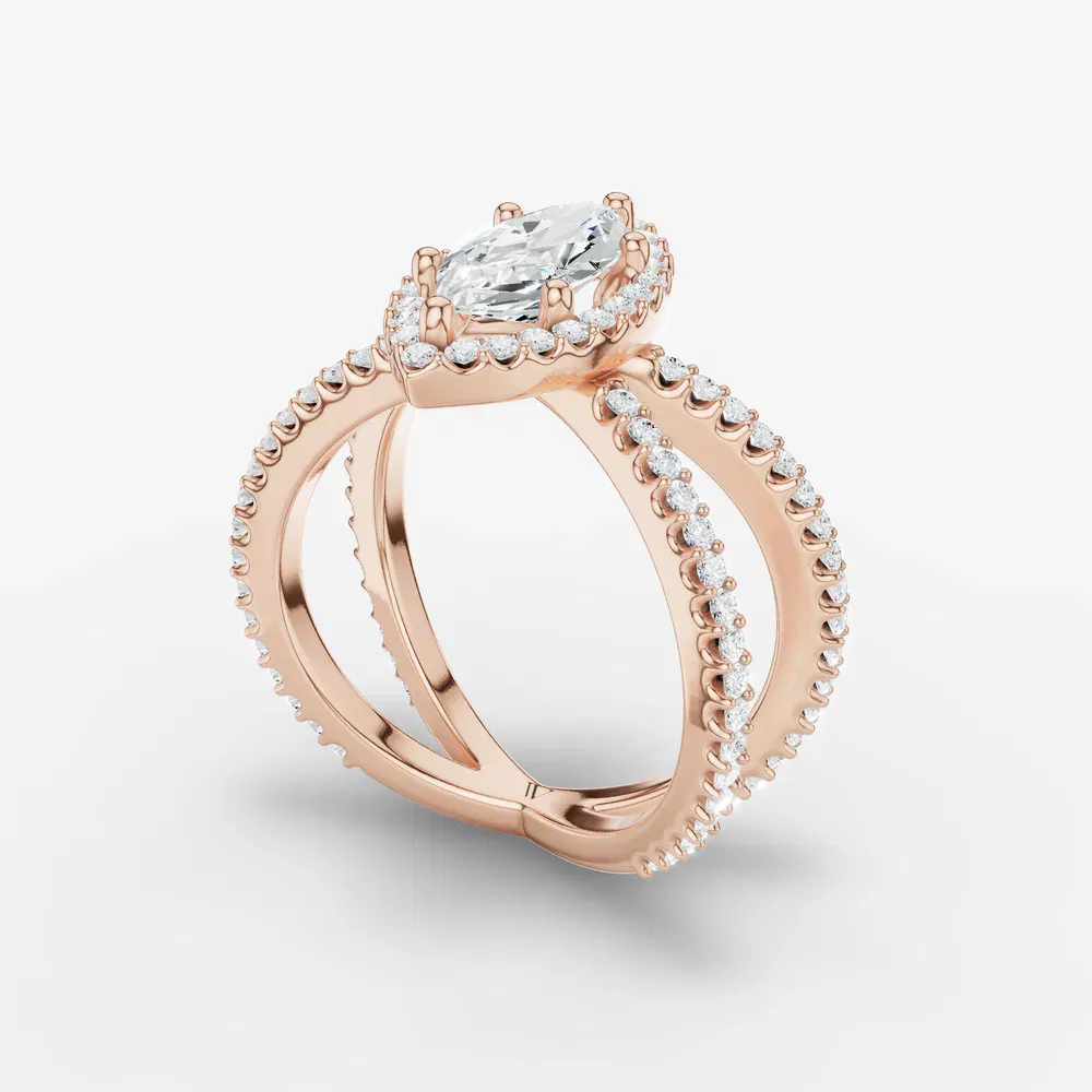 Certified 1 carat Lab Grown Diamond Marquise Cut Pavé, Halo, Split Shank Engagement Ring in 14K Rose Gold-Xylius