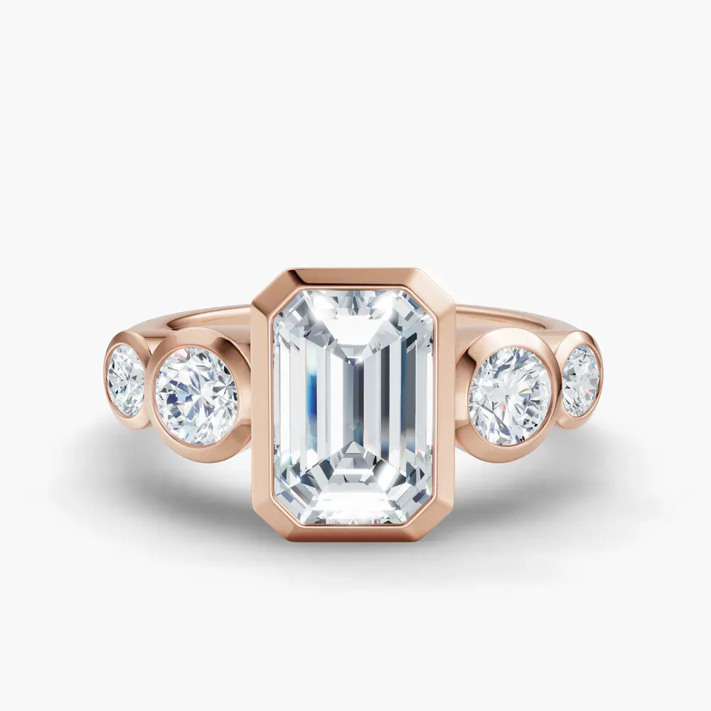 Certified 1 carat Lab Grown Diamond Emerald Cut Five Stone, Milgrain, Bezel Engagement Ring in 14K Rose Gold-Sole