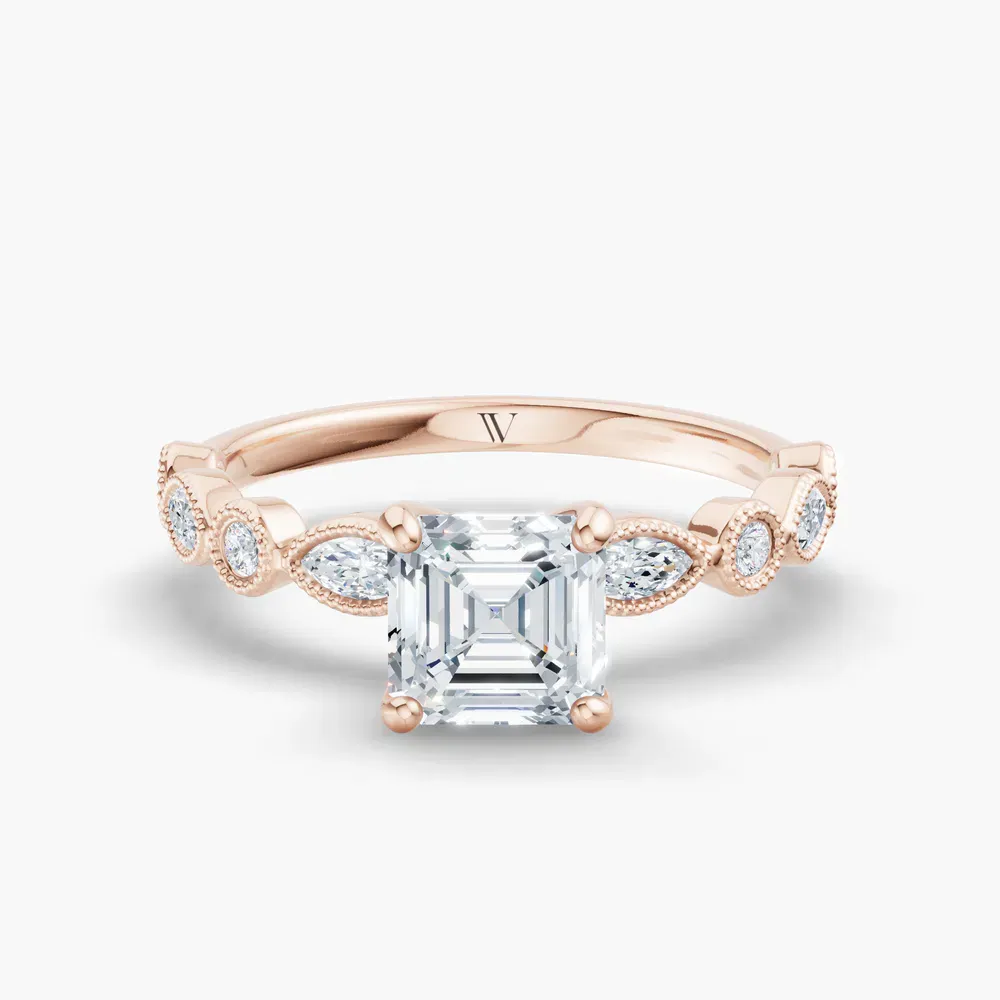 Certified 1 carat Lab Grown Diamond Asscher Cut Vintage, Milgrain, Side Stone Engagement Ring in 14K Rose Gold-Sior