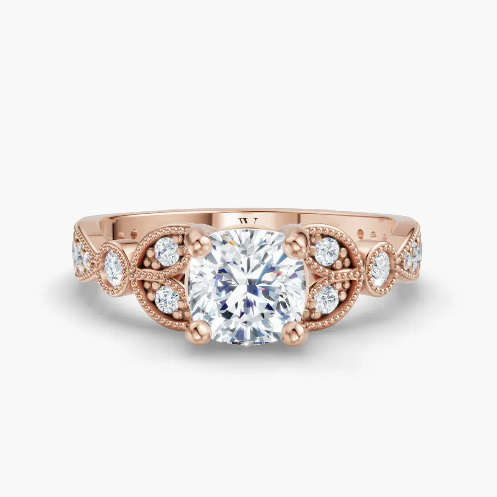 Certified 1 carat Lab Grown Diamond Cushion Cut Milgrain, Vintage, Side Stone Engagement Ring in 14K Rose Gold-Skye