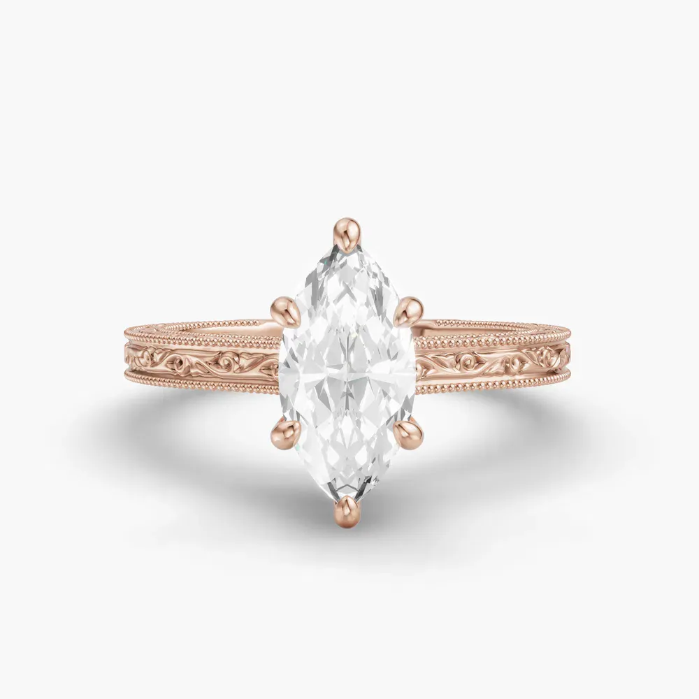 Certified 1 carat Lab Grown Diamond Marquise Cut Hidden Halo, Cathedral, Vintage Engagement Ring in 14K Rose Gold-Echo