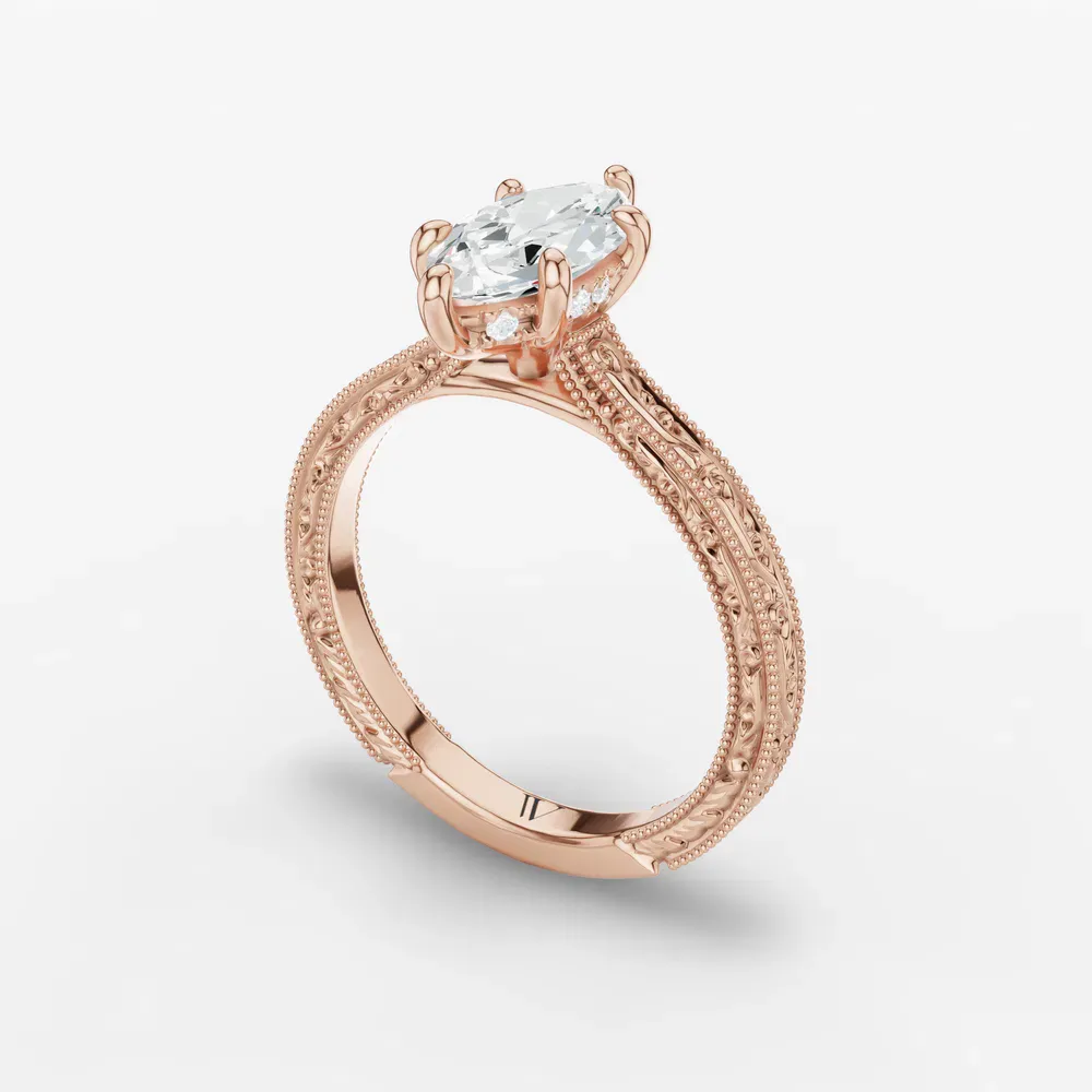 Certified 1 carat Lab Grown Diamond Marquise Cut Hidden Halo, Cathedral, Vintage Engagement Ring in 14K Rose Gold-Echo