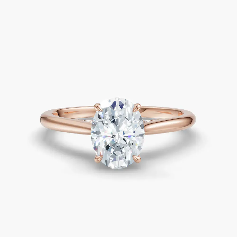 Certified 1 carat Lab Grown Diamond Oval Cut Hidden Halo, Cathedral, Solitaire Engagement Ring in 14K Rose Gold-Wrenq