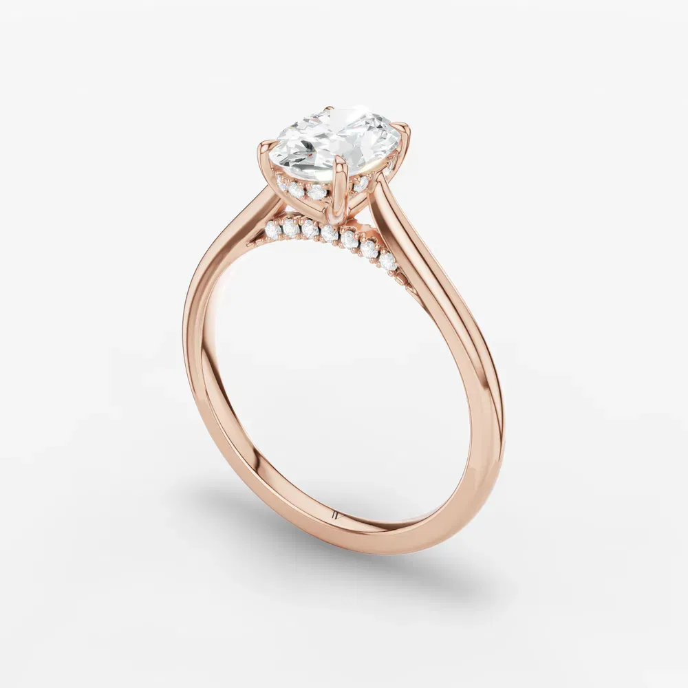 Certified 1 carat Lab Grown Diamond Oval Cut Hidden Halo, Cathedral, Solitaire Engagement Ring in 14K Rose Gold-Wrenq