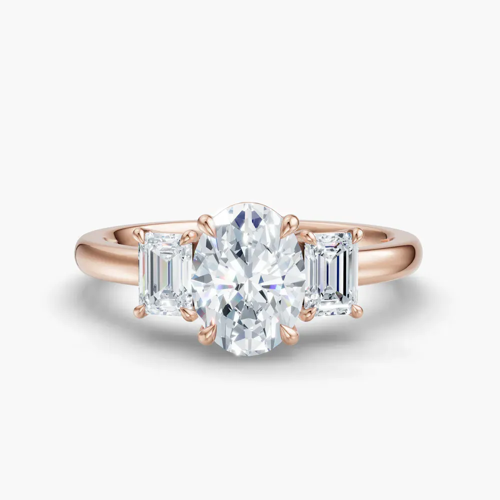 Certified 1 carat Lab Grown Diamond Oval Cut Three Stone, Side Stone, Low profile Engagement Ring in 14K Rose Gold-Nectarl