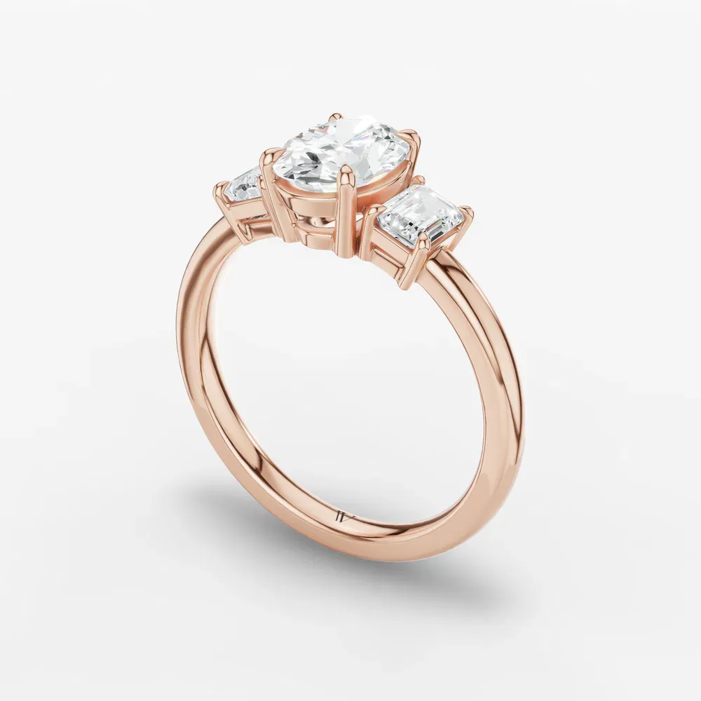 Certified 1 carat Lab Grown Diamond Oval Cut Three Stone, Side Stone, Low profile Engagement Ring in 14K Rose Gold-Nectarl