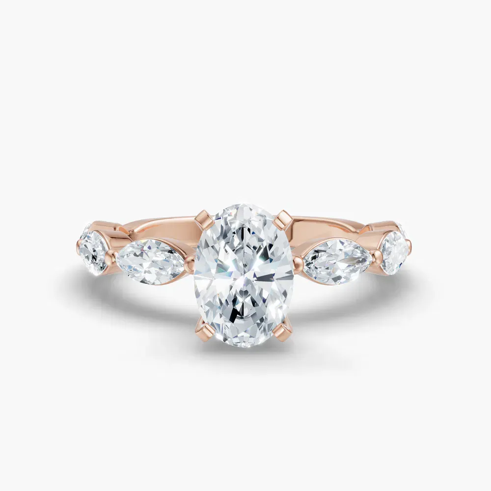 Certified 1 carat Lab Grown Diamond Oval Cut Side Stone Engagement Ring in 14K Rose Gold-Trind