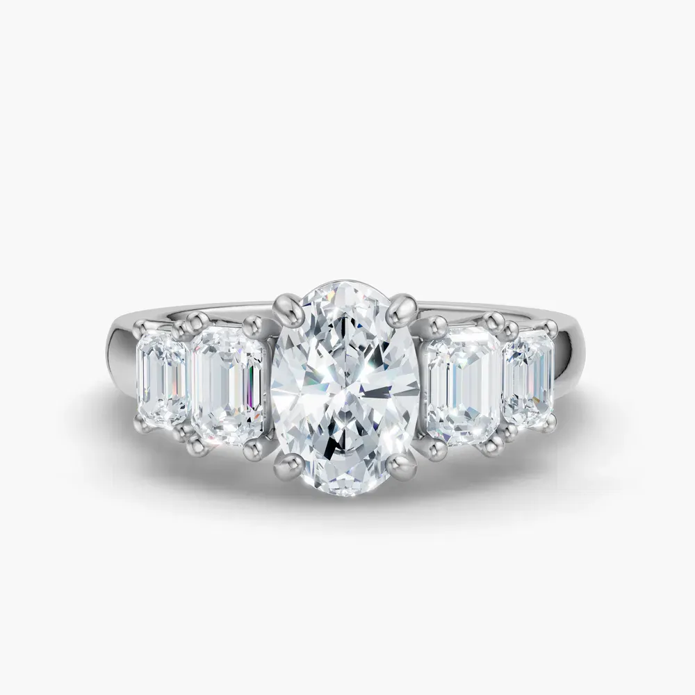 Certified 1 carat Lab Grown Diamond Oval Cut Five Stone, Side Stone Engagement Ring in 14K White Gold-Osvh