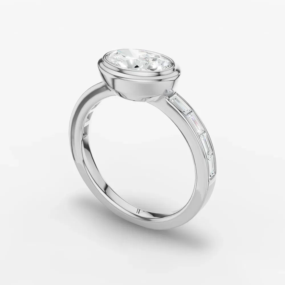 Certified 1 carat Lab Grown Diamond Oval Cut Bezel, Channel Set, Art Deco Engagement Ring in 14K White Gold-Celeste