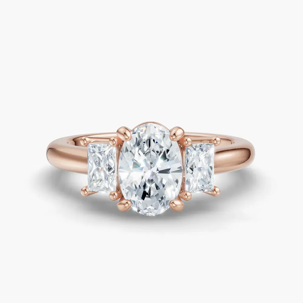 Certified 1 carat Lab Grown Diamond Oval Cut Three Stone, Side Stone Engagement Ring in 14K Rose Gold-Dravon