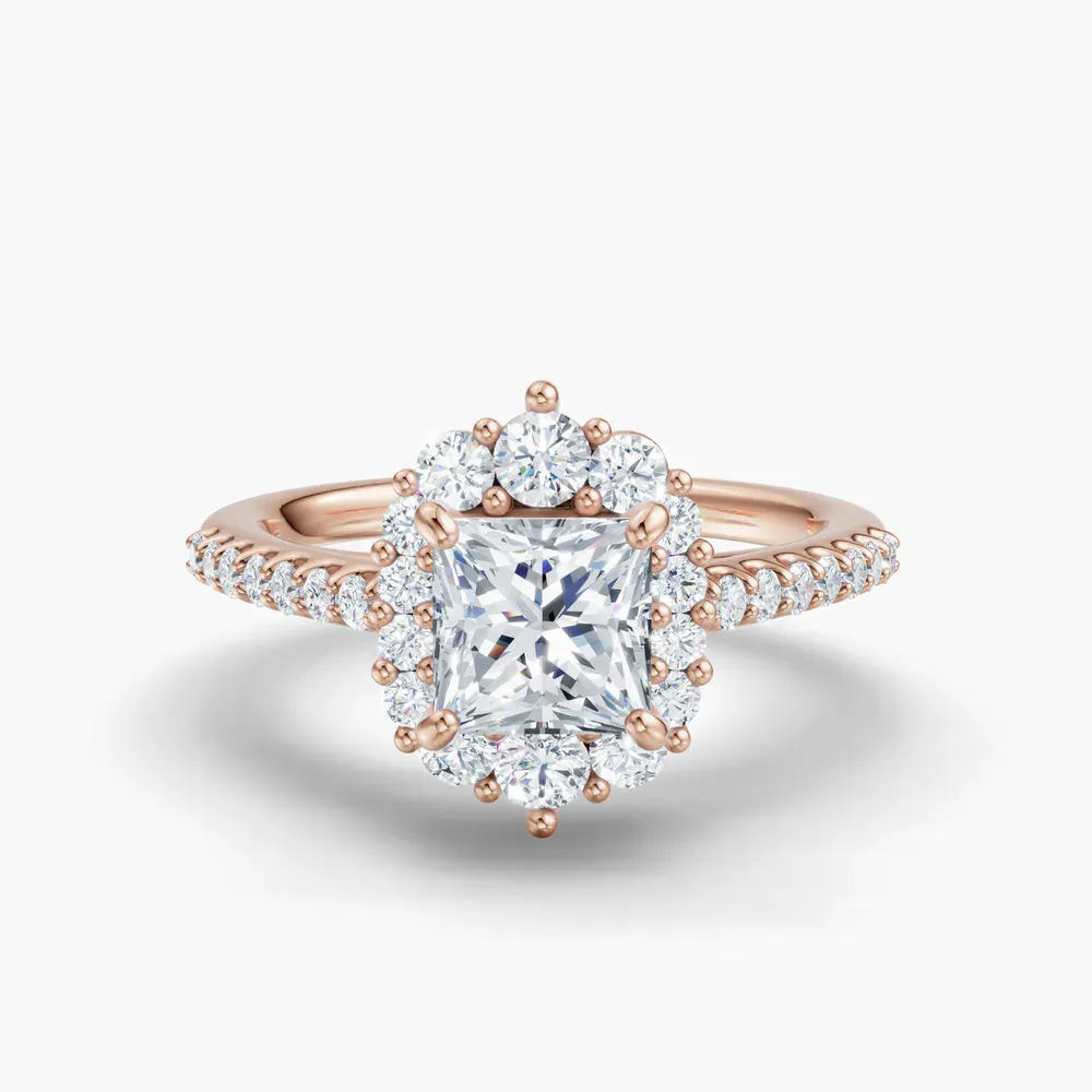 Certified 1 carat Lab Grown Diamond Princess Cut Pavé, Halo, Cathedral Engagement Ring in 14K Rose Gold-Mirey