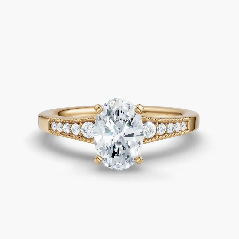 Certified 1 carat Lab Grown Diamond Oval Cut Milgrain, Pavé, Side Stone Engagement Ring in 14K Yellow Gold-Rosca