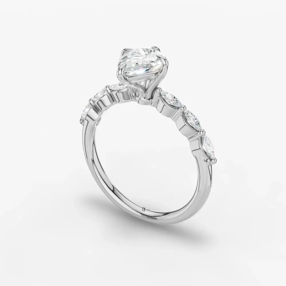 Certified 1 carat Lab Grown Diamond Pear Cut Side Stone Engagement Ring in 14K White Gold-Garo