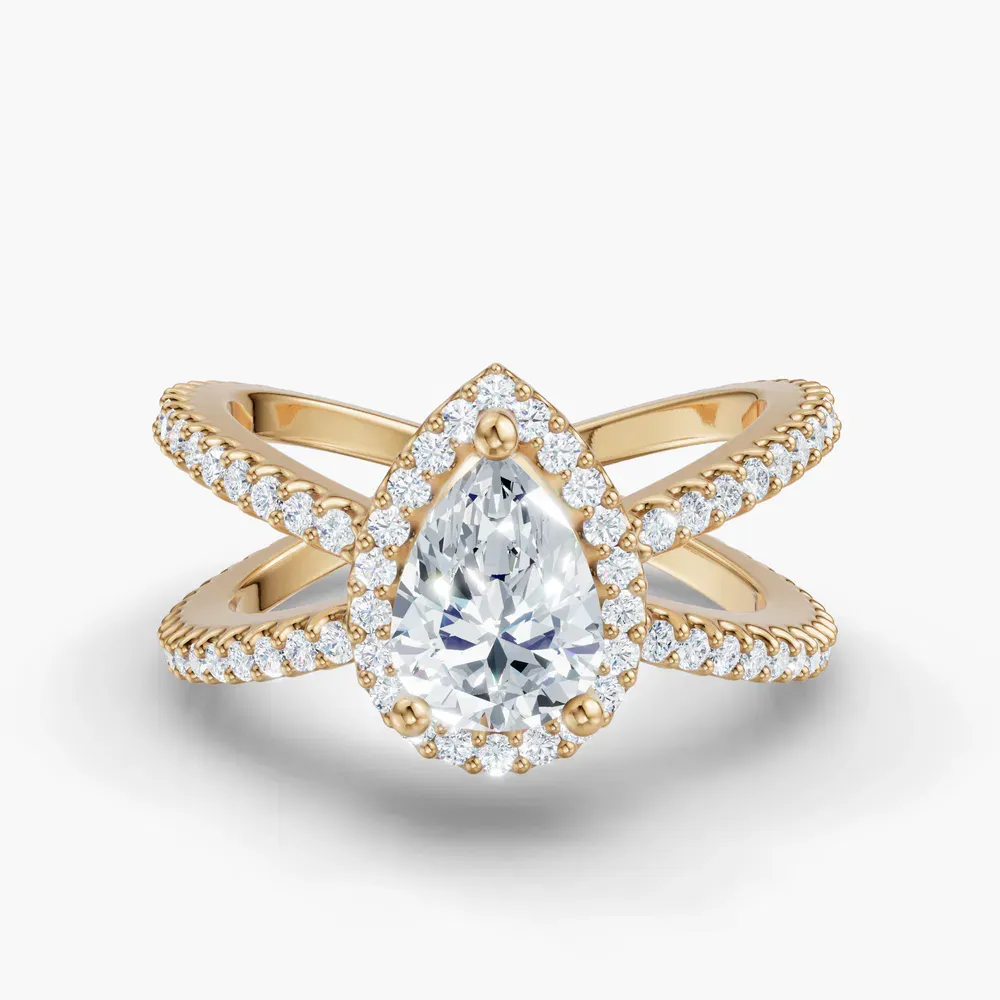 Certified 1 carat Lab Grown Diamond Pear Cut Pavé, Halo, Split Shank Engagement Ring in 14K Yellow Gold-Xylius