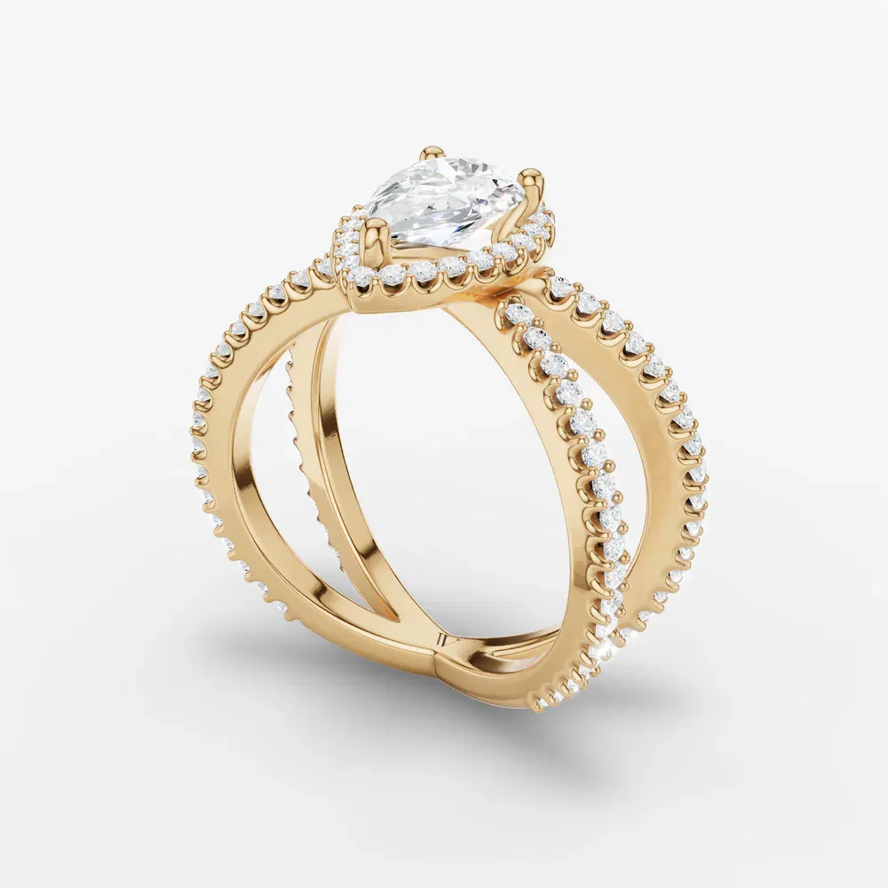Certified 1 carat Lab Grown Diamond Pear Cut Pavé, Halo, Split Shank Engagement Ring in 14K Yellow Gold-Xylius