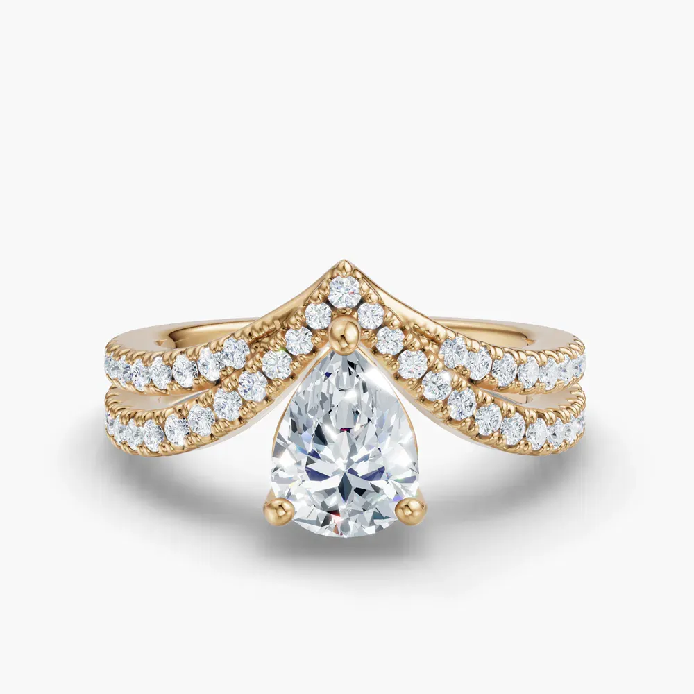 Certified 1 carat Lab Grown Diamond Pear Cut Pavé, Unique, Floating Engagement Ring in 14K Yellow Gold-Soli