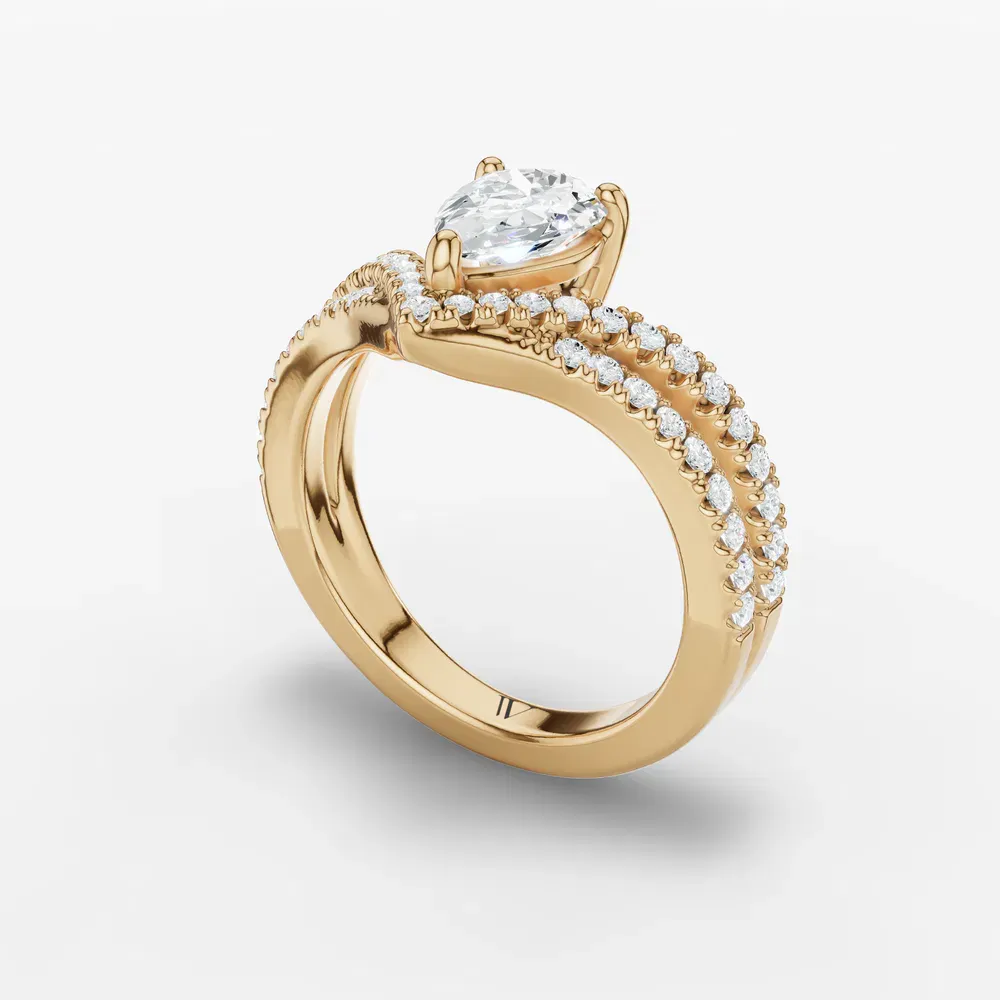 Certified 1 carat Lab Grown Diamond Pear Cut Pavé, Unique, Floating Engagement Ring in 14K Yellow Gold-Soli