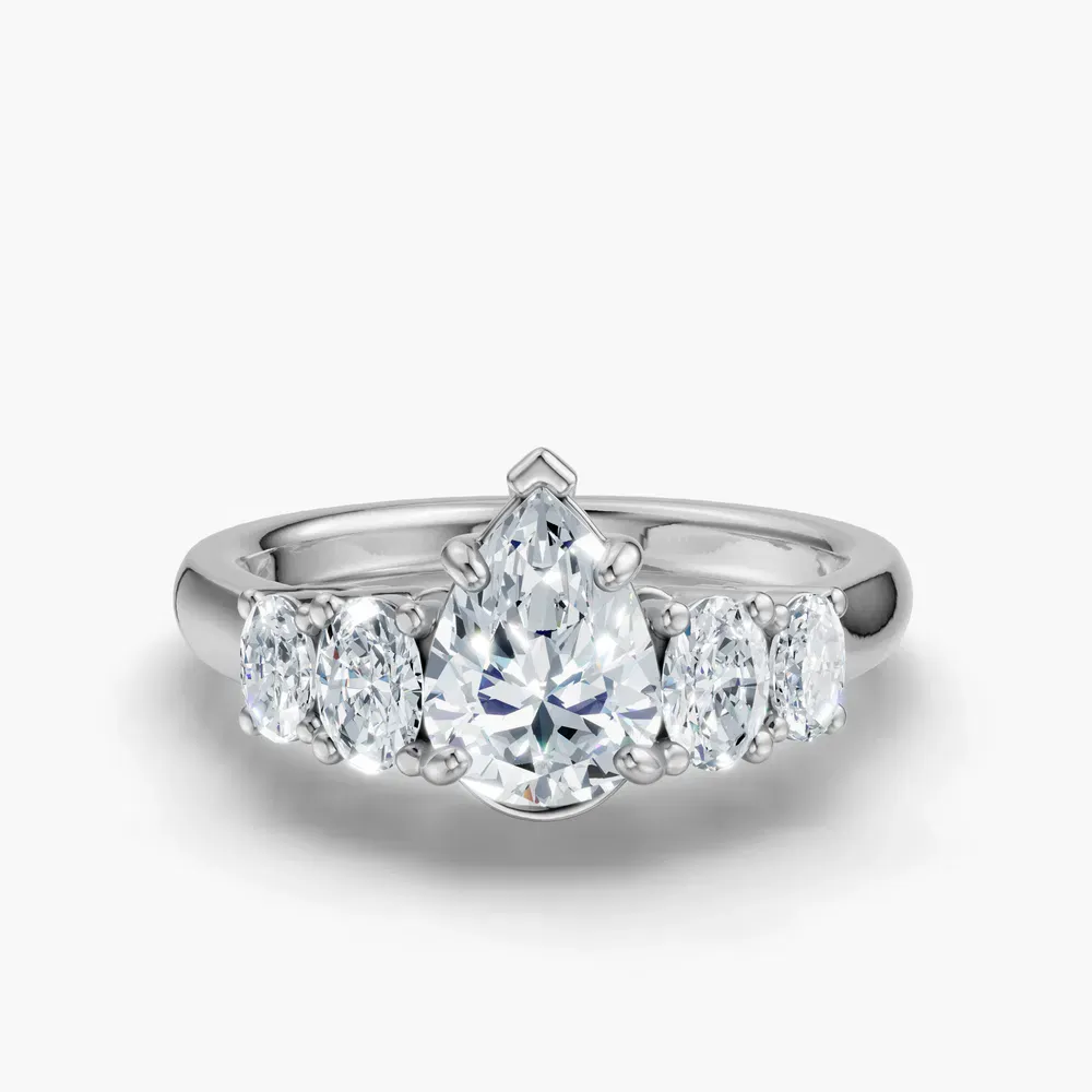 Certified 1 carat Lab Grown Diamond Pear Cut Five Stone, Side Stone Engagement Ring in 14K White Gold-Elyx