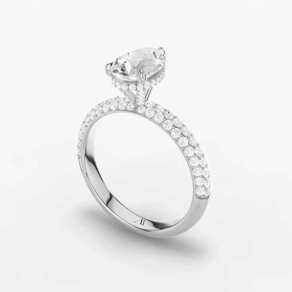 Certified 1 carat Lab Grown Diamond Pear Cut Pavé, Hidden Halo Engagement Ring in 14K White Gold-Lyre 