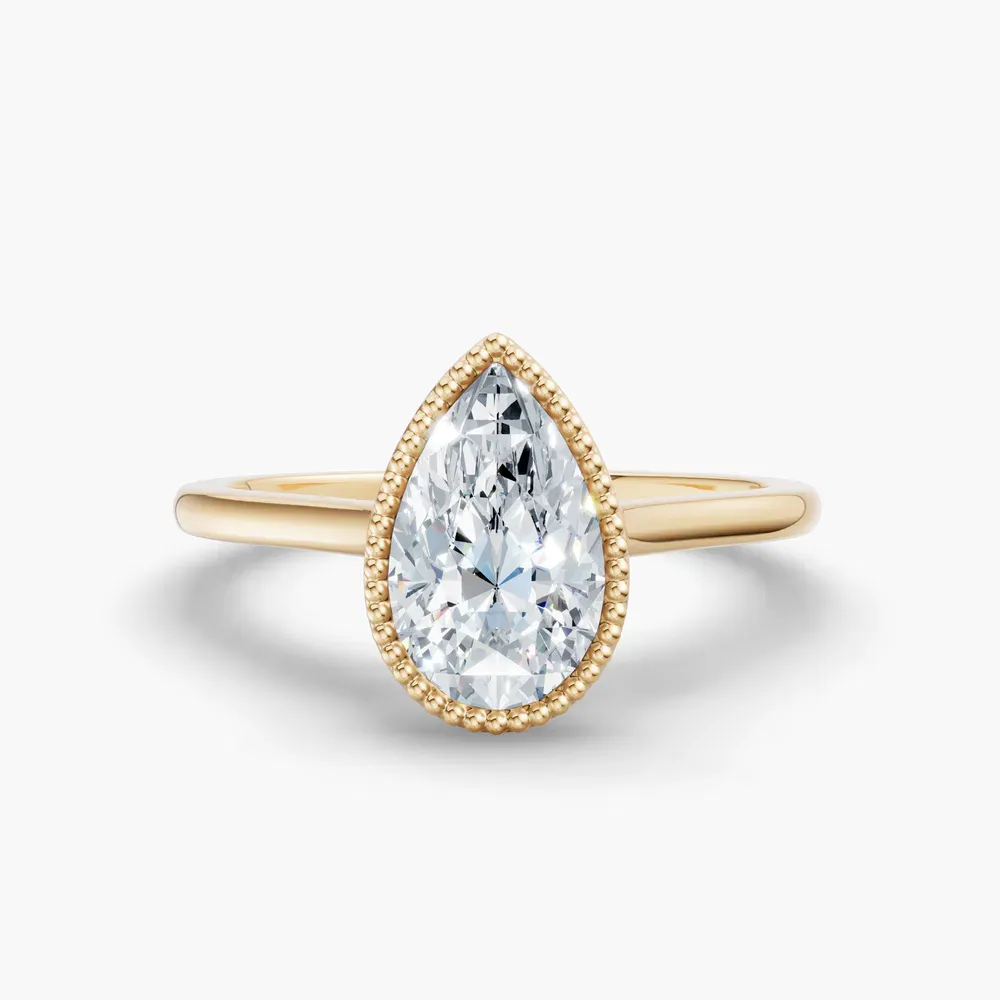 Certified 1 carat Lab Grown Diamond Pear Cut Solitaire, Milgrain, Cathedral Engagement Ring in 14K Yellow Gold-Firen